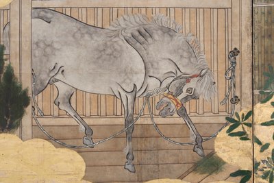 (détail) Printemps au Palais, paravent à six panneaux du Conte de Genji, c.1650 - Japanese School